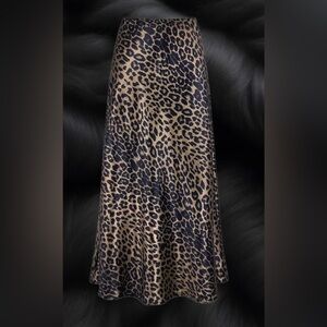 Brown and Black Long Satiny Leopard Print Women's Midi Skirt